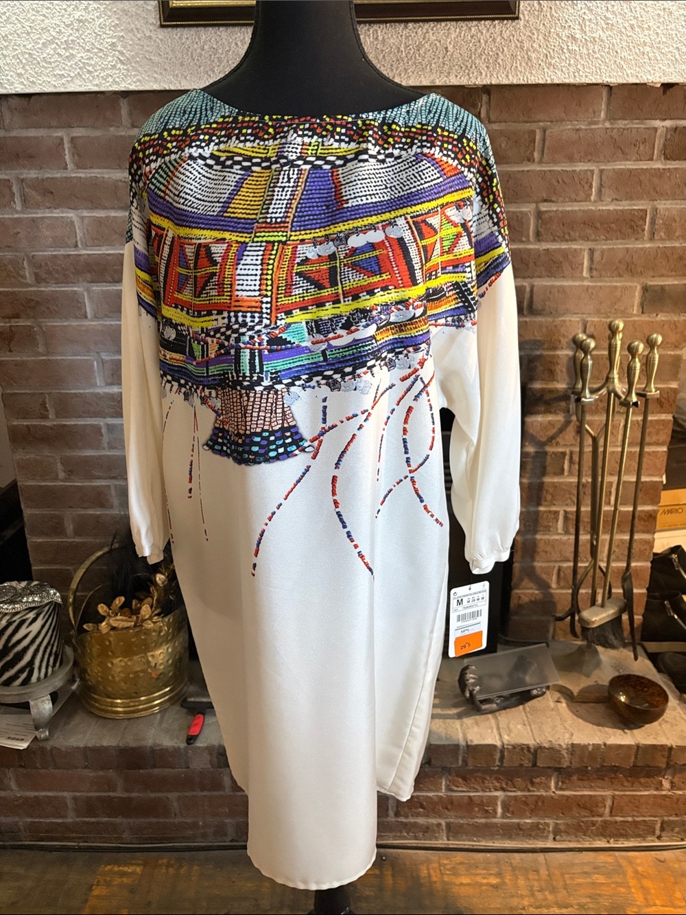 Zara White Long Sleeve Shift Dress with Multicolor Graphic Yoke